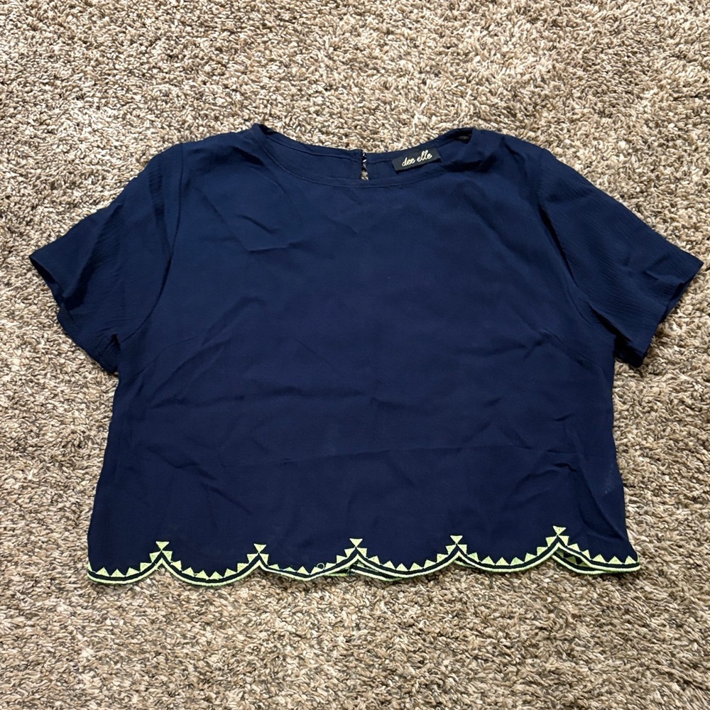 dee elle Navy Blue Blouse with Scalloped Hem